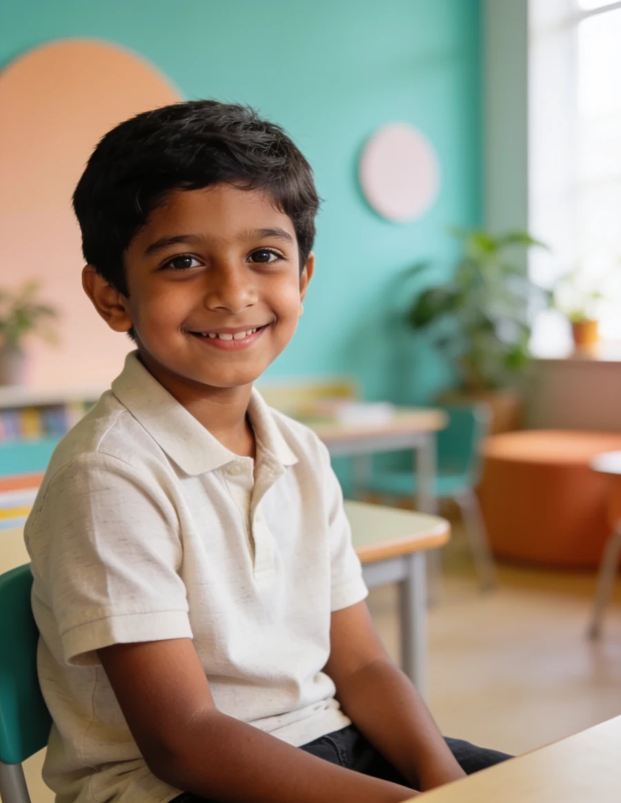 A happy young child smiling in a bright, modern, welcoming learning space