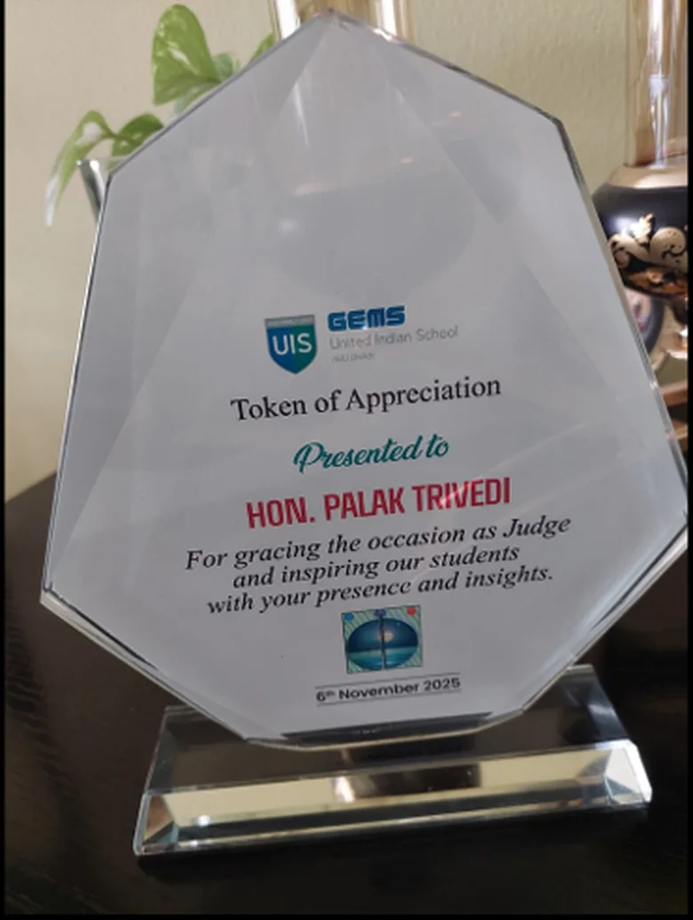 Token of Appreciation for judging, GEMS United Indian School